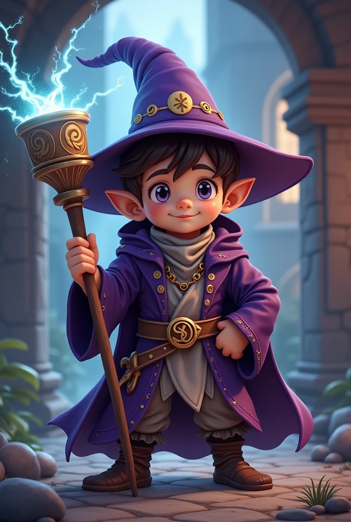 Young Gnome, Male Gnome, Young Sorcerer, Alchemist Sorcerer, alchemist, Brown hair, short hair, sideburns, short stature, pointed hat, Purple Hat, Wizard's Robe, Medieval Tunic, Magic Staff, anime, fancy, 4k, super detail