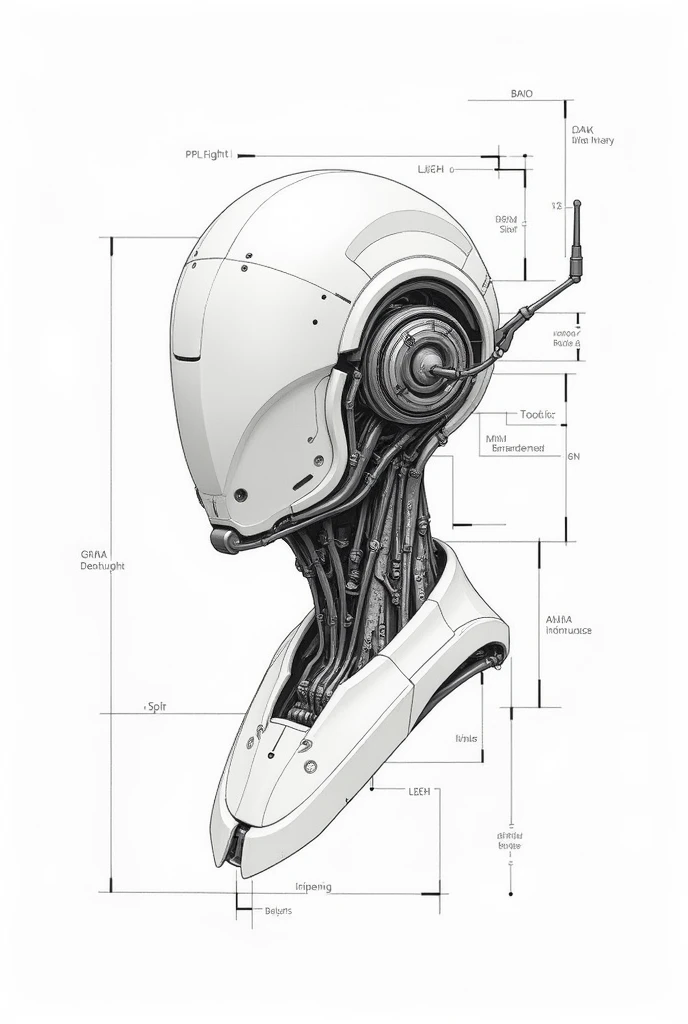 make a black and white schematic of a robot head like a drawing, show the anther and other parts, white background, 2D, no labels, no text


