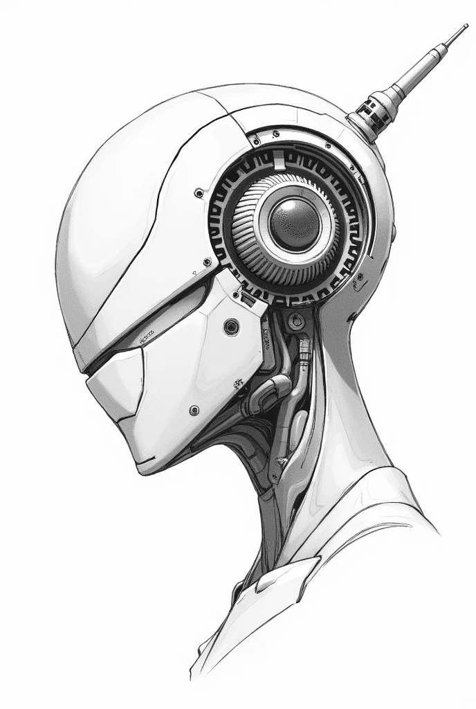 make a black and white schematic of a robot head like a drawing, show the anther and other parts, white background, 2D, no labels, no text