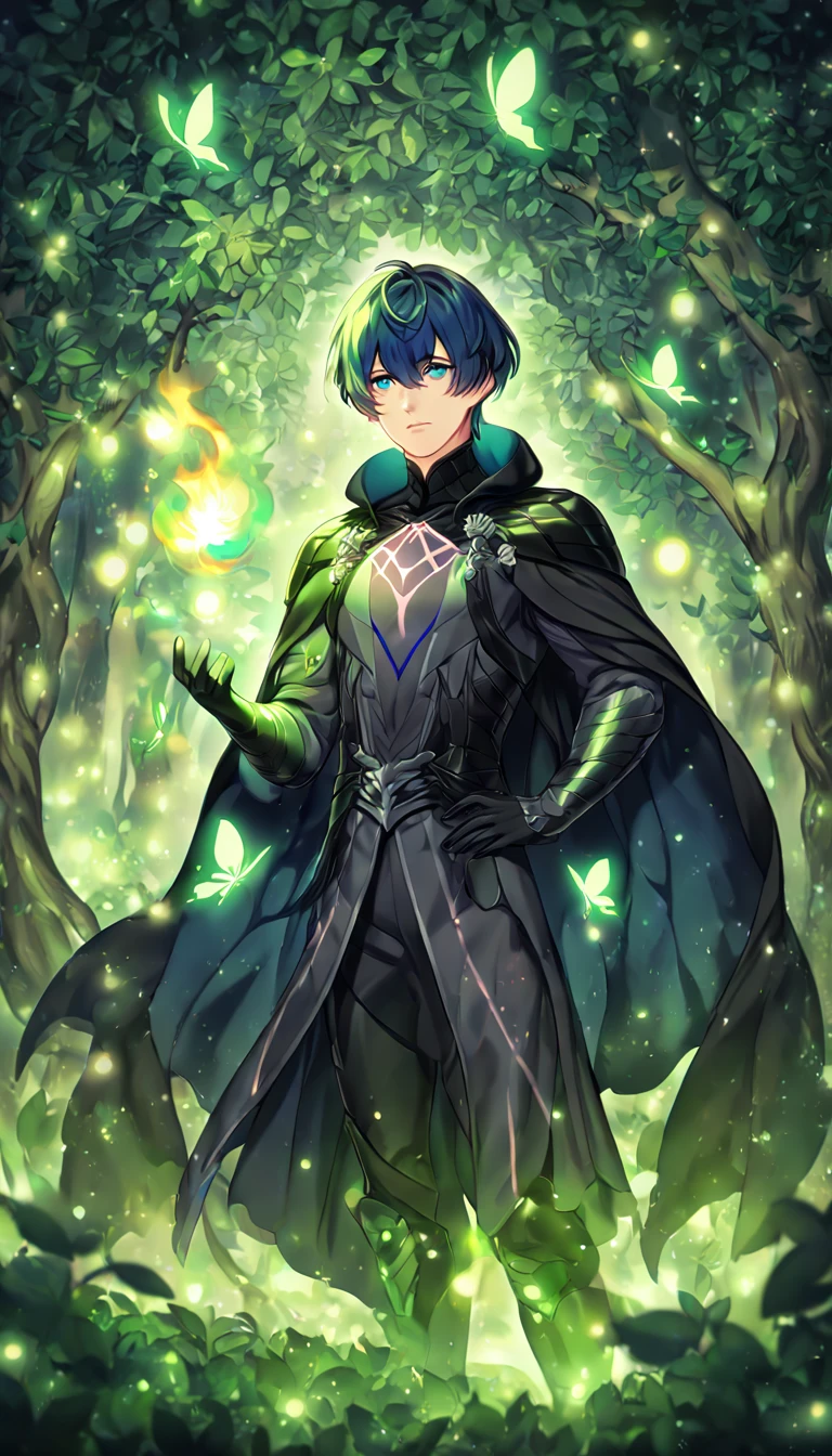 absurdres, highres, ultra detailed, HDR, master piece, best quality, extremely detailed, detailed eyes, Byleth, dark blue hair, expressive blue eyes, Fire Emblem Three Houses, solo, sexy man, sensual, handsome, manly man, adult face, black cape, black clothes, black gloves, under a green tree, fantasy, magical, glittering fireflies, green butterflies, green flames, magic, green leaves