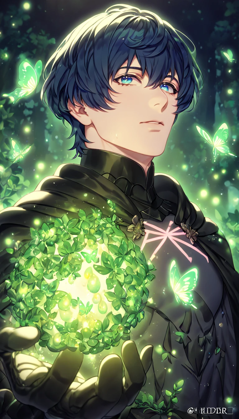 absurdres, highres, ultra detailed, HDR, master piece, best quality, extremely detailed, detailed eyes, Byleth, dark blue hair, expressive blue eyes, Fire Emblem Three Houses, solo, sexy man, sensual, handsome, manly man, adult face, black cape, black clothes, black gloves, under a green tree, fantasy, magical, glittering fireflies, green butterflies, green flames, magic, green leaves