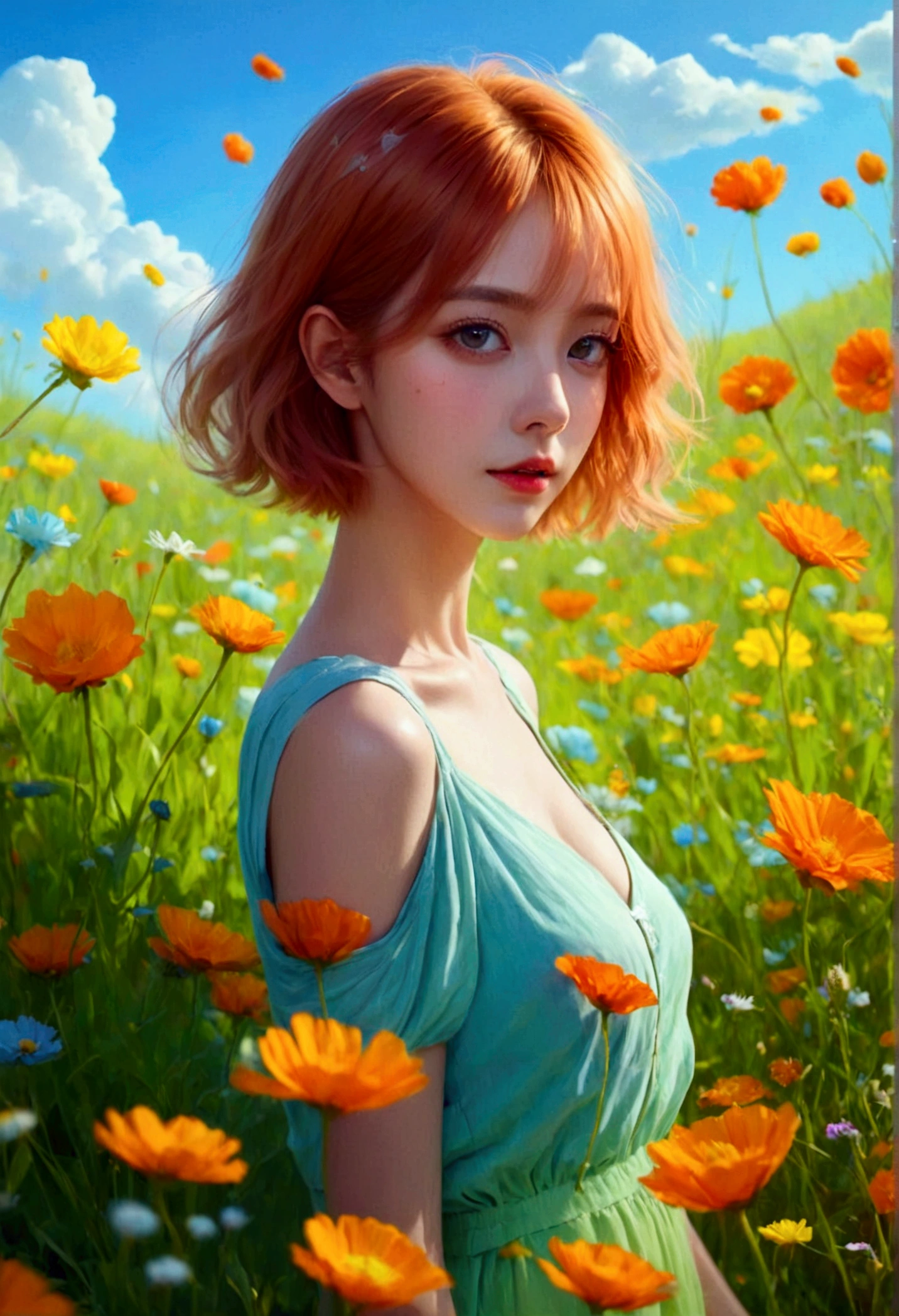 beautiful woman, standing in a flower field in a short dress .Subtle details of subtle features, orange blonde short hair . A delicate explanation, Colourful and rich fantasy clothing, Bright and soft colors, Chassis, colorful pastels, cute colorful cute, bright fantasy style, soft and cute colors, bright pastel colors, Zia, bright pastel colorss, Sakimichan HDRI, Gradient pastel green, bright pastel colors, blue sky, white cumulus clouds, masterpiece, Best quality , 1 girl, , big eyes, fluffy hair, happiness, meadow, Green background style，