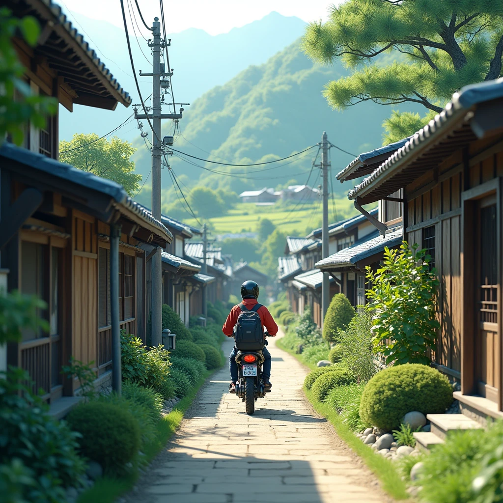 Motovlog view, walking through the Japanese countryside with traditional Japanese houses