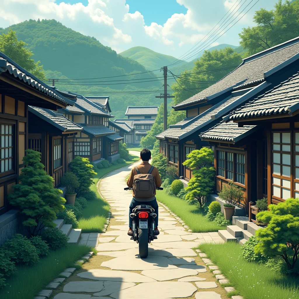 Motovlog view, walking through the Japanese countryside with traditional Japanese houses