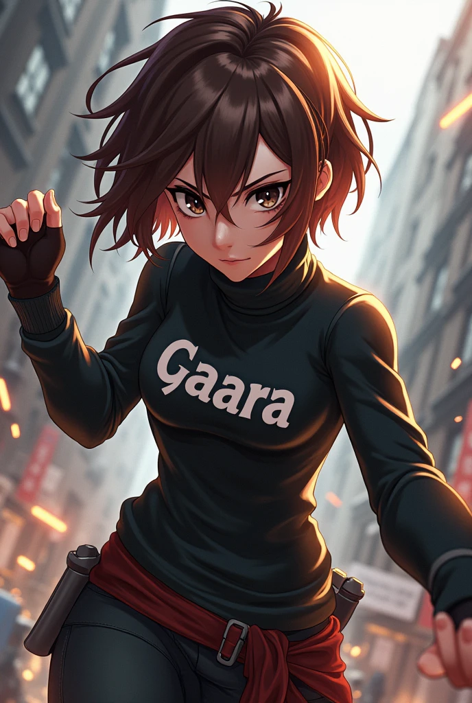 Free Fire style female characters, with short brown hair, eyes black, turtleneck shirt with the name GAARA written on it