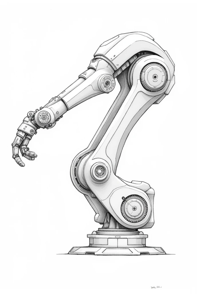 make a black and white schematic of a robot arm like a drawing, show the anther and other parts, white background, 2D, no labels, no text