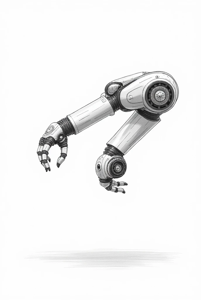 make a black and white schematic of a robot arm like a drawing, show the anther and other parts, white background, 2D, no labels, no text

