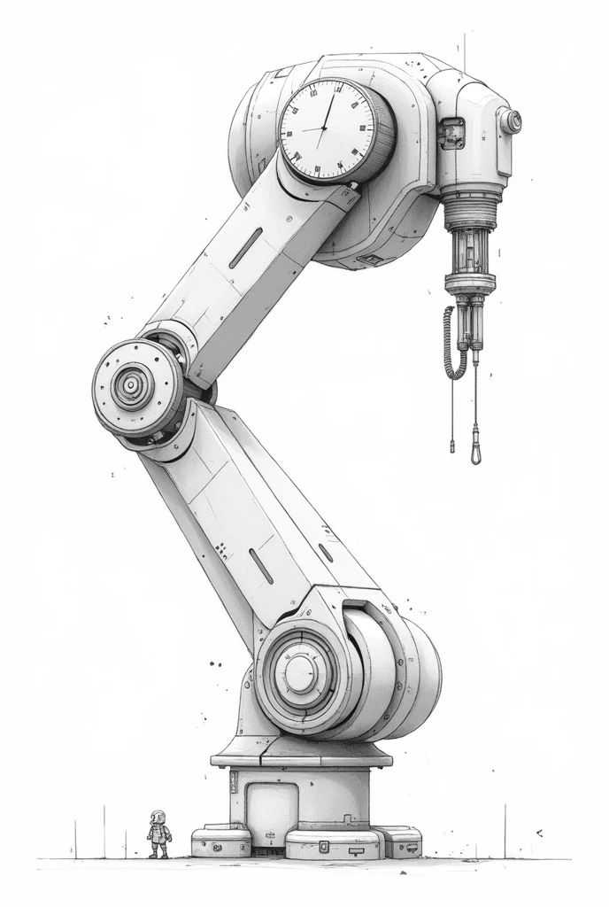 make a black and white schematic of a robot arm like a drawing, show the anther and other parts, white background, 2D, no labels, no text