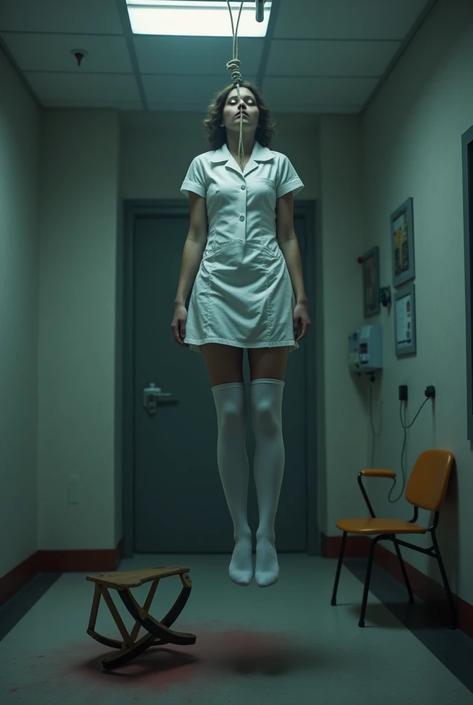 Nurse scene in white thigh high socks, hanged, thòng lọng, hovering in the air , The chair fell at the nurse's feet.