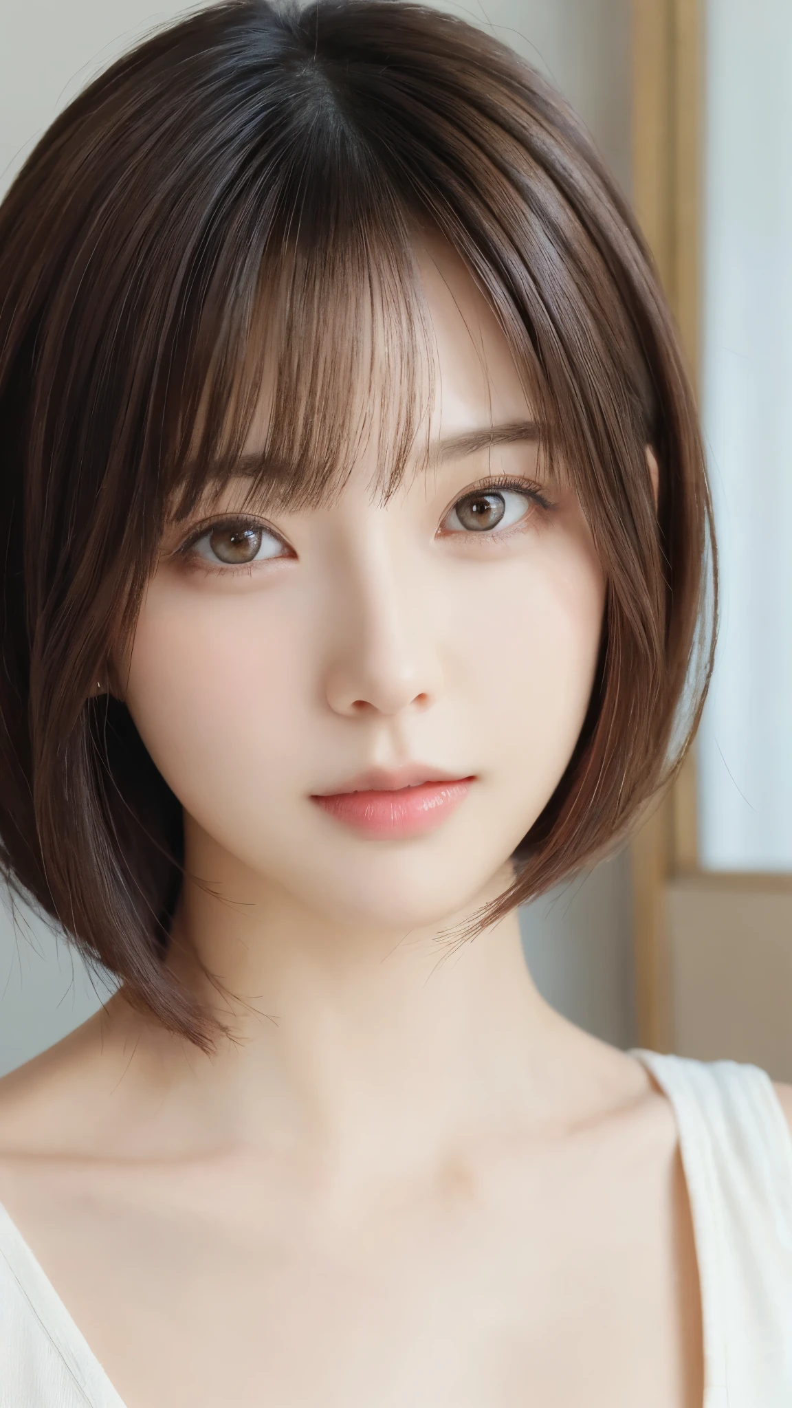 masterpiece、Highest quality、High resolution、((Close-up of face:1.4))、((Short Bob Cut:1.3))、((Beautiful makeup:1.2))、Tabletop、wallpaper、Realistic、Bright lighting、Professional Lighting、Face Light、Smooth lighting、Japanese women、Adult、Beautiful woman、action、gravure、sexy、poor、so beautiful、Beautiful Skin、Beautiful and detailed、Detailed face、slim、moderately、short hair、Brunette Hair、Brown eyes、Looking at the camera、I have a sax