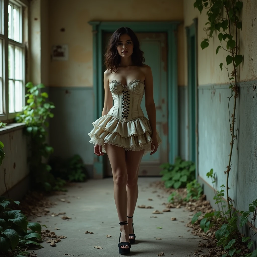 ( detailed realistic background:1),
( official art, beautiful and aesthetic:1 ),
realistic lighting,
cinematic lighting,
hyperrealism,
soothing tones,
muted colors,
high contrast,
soft light,
sharp,
artistic photoshoot,
( cute, petite:1.5 ),
beautiful,
european,
pale cheeks,
,
vintage-inspired makeup ,
large breasts, 1, petite body, slender legs, feet,
Upper Body , From Below ,
brunette hair , intricately detailed hair,
low volume layers hair ,
wearing lace-up corsets , short mini ruffled skirt hemlines , Pantyhose and platform heels ,
A decrepit, abandoned mansion with boarded-up windows and overgrown ivy ,