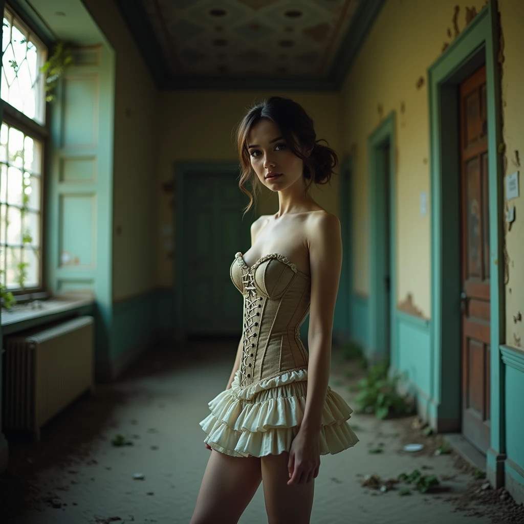 ( detailed realistic background:1),
( official art, beautiful and aesthetic:1 ),
realistic lighting,
cinematic lighting,
hyperrealism,
soothing tones,
muted colors,
high contrast,
soft light,
sharp,
artistic photoshoot,
( cute, petite:1.5 ),
beautiful,
european,
pale cheeks,
,
vintage-inspired makeup ,
large breasts, 1, petite body, slender legs, feet,
Upper Body , From Below ,
brunette hair , intricately detailed hair,
low volume layers hair  ,

wearing lace-up corsets , short mini ruffled skirt hemlines , Pantyhose  and platform heels ,
A decrepit, abandoned mansion with boarded-up windows and overgrown ivy , 