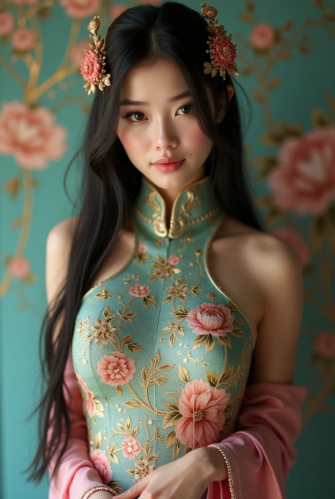 (full body shot:1) photorealistic image of a woman, ultrarealistic, photography, straight long black hair, asian woman, beautiful cute sexy asian 20 years old woman, hourglass figure, perfect body, Flirty look, natural big breasts, long eyelashes, cat eye make-up, double eyelids, sexy pose, erotic pose, seductive pose, big breasts, big tits, wearing a thai traditional dress, thai outfit, thai outfit, jewelries,thai vibrant and gold teal pink traditional outfit, beautiful hair up , ombre, full body shot, hair ornaments,