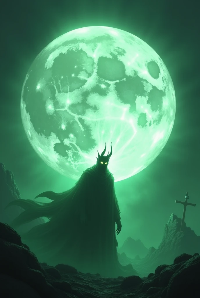 Super white moon with a green demon in the background
