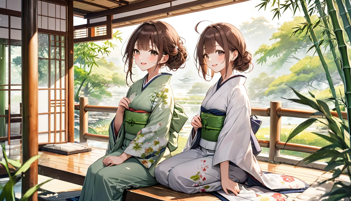Brown Hair Girl、Japanese garden details、masterpiece, Highest quality, Light background:Expression of Japanese Garden:Clothes that make you feel relaxed and smile:Simple kimono pose:Sitting on the porch、View of the scenery:Bamboo swaying in the wind and the tranquility of the garden, (Emotional), (Breathtakingly beautiful), (main part:1.2 Whole body), (Anime Style), (Very detailed), (超High resolution, High resolution), (8k), (Complex and beautiful: 1.2)