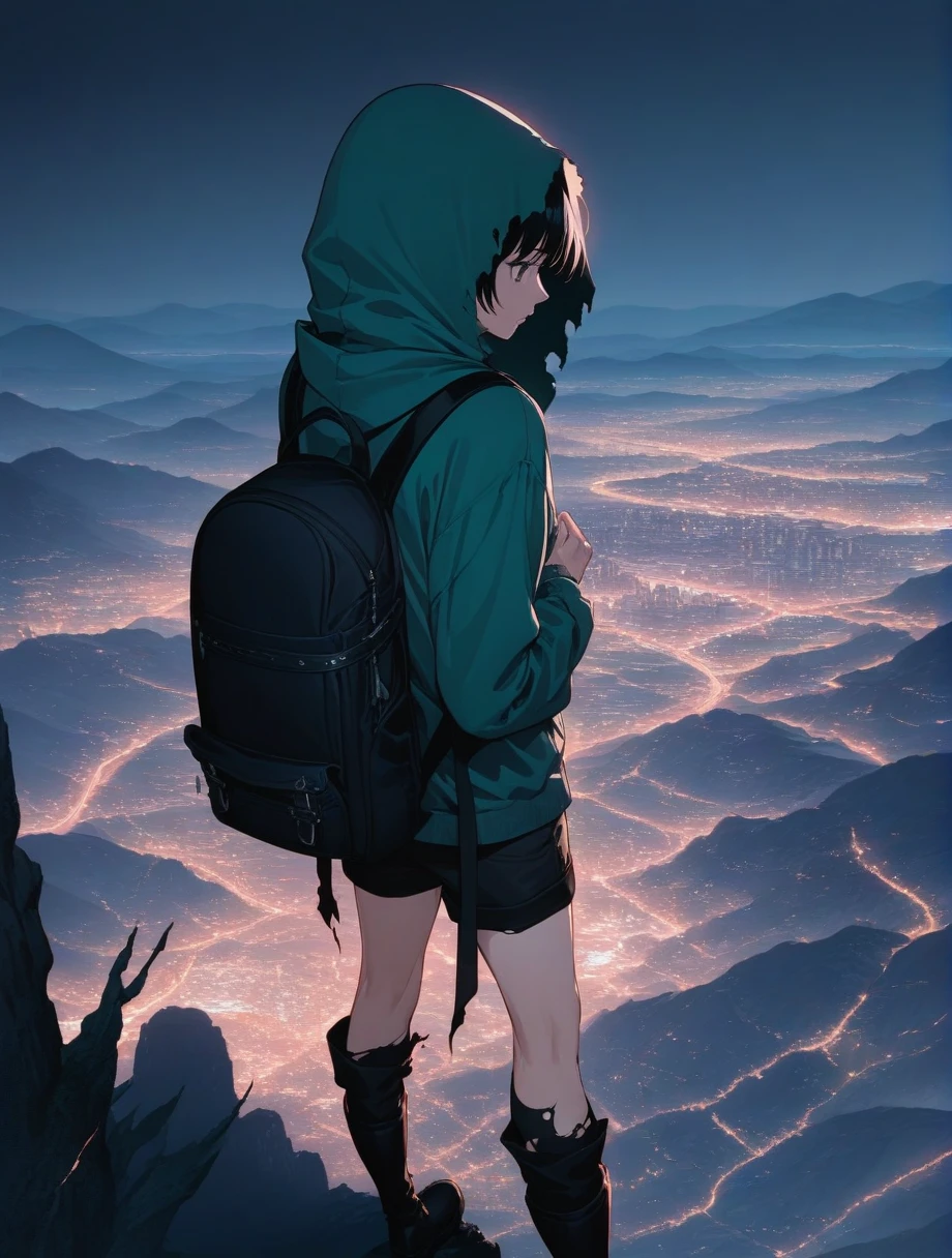 score_9, score_8_up, score_7_up, score_anime, masterpiece, top quality, delicate illustration, sharp lines, sharp focus, BREAK, a traveling girl wandering in the endless night world, the girl wears a hood and has a lot of stuff in her backpack, night , fantastic landscape, beautiful scenery, harmony with nature, spectacular view, futuristic city, (((torn clothes))), (((torn hood))),shorts,boots