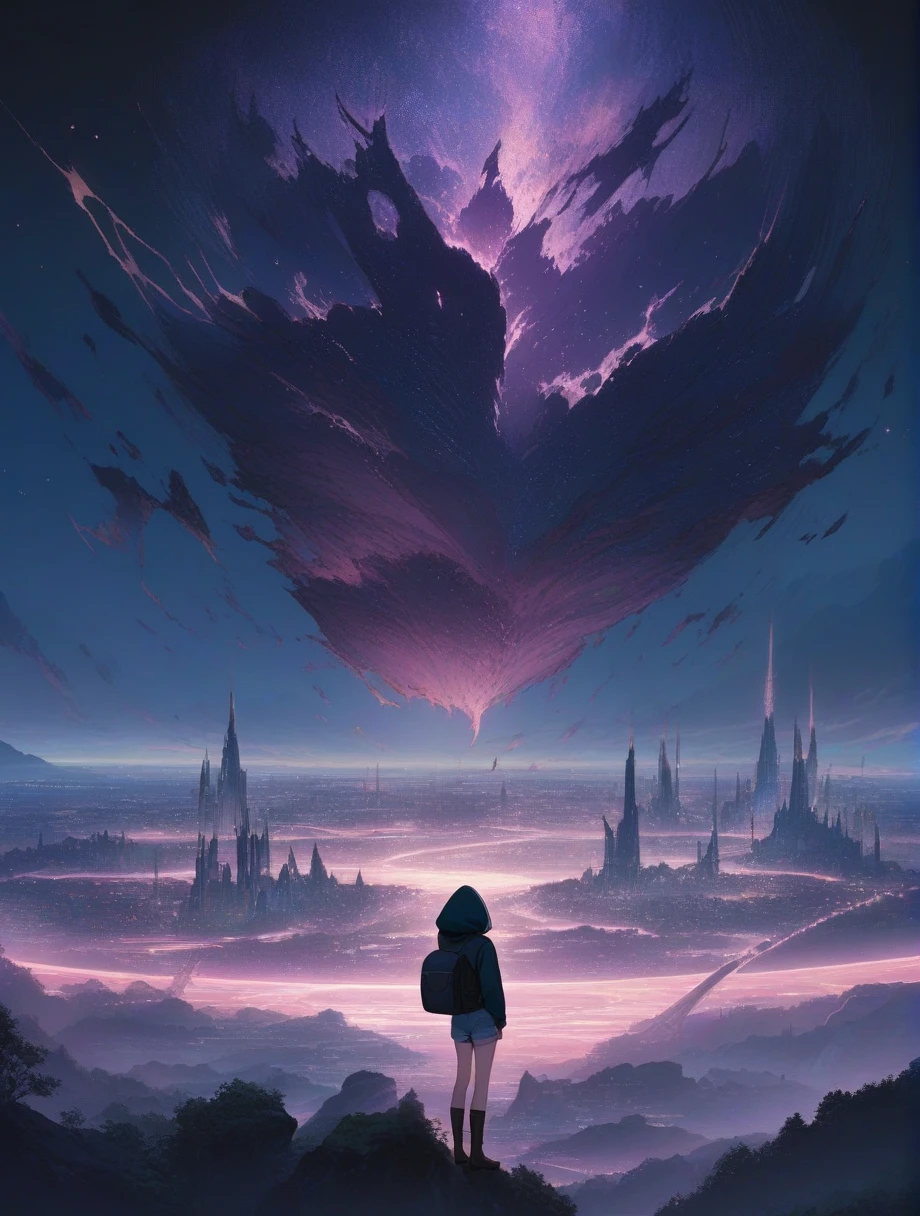 score_9, score_8_up, score_7_up, score_anime, masterpiece, top quality, delicate illustration, sharp lines, sharp focus, BREAK, a traveling girl wandering in the endless night world, the girl wears a hood and has a lot of stuff in her backpack, night , fantastic landscape, beautiful scenery, harmony with nature, spectacular view, futuristic city, (((torn clothes))), (((torn hood))),shorts,boots