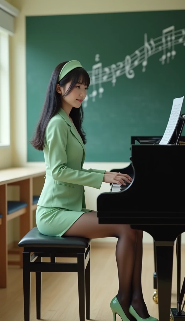 One girl, Japanese 30 years old,A gentle smile with a charming face,High resolution, Highest quality,School Music Room,A simple light green hairband,Straight long hair ,Long, slender legs,White light natural light,Bright visibility all the way to your feet,Black Hair,Light green business suit,Light green mini skirt,Light green patent leather high heels,Shiny dark black stockings,Black garter belt,Playing the grand piano,Hands on the piano keys,The blackboard in the background has musical staves and notes written on it.,