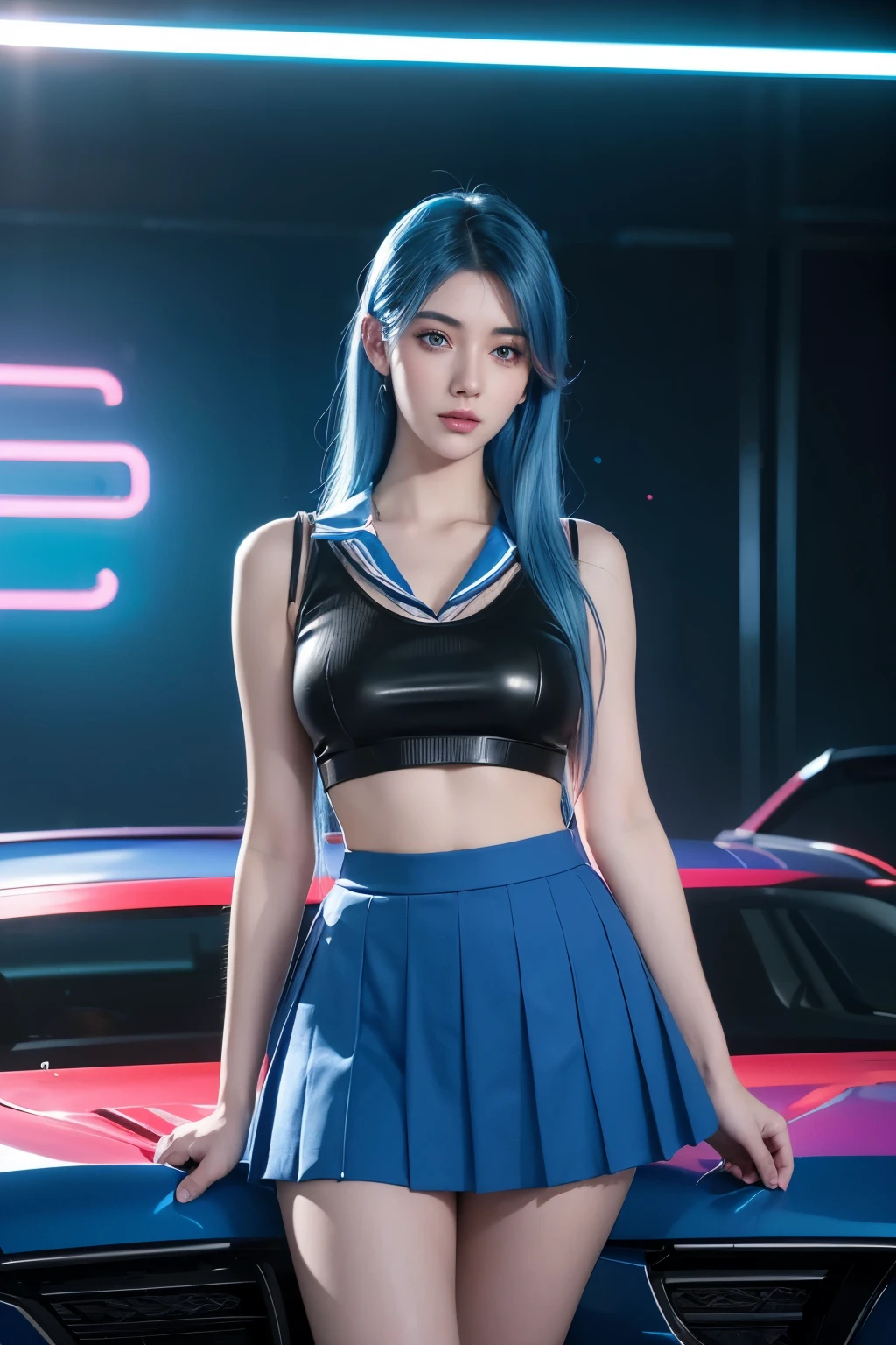 A beautiful girl with blue hair and red eyes, detailed face, long eyelashes, elaborate school uniform, synthwave, outrun, vaporwave style, highly detailed, intricate, fine detail, digital art, trending on Artstation, large hips, mid-thigh, caustics, paint splatters, neon colors, shaded flat illustration