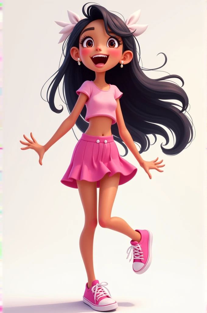 Disney Pixar style  woman with black hair and white bow,ela usa um cropped rosa fofo e um short curto rosa,and a pink sneaker.And she is very beautiful and excited.