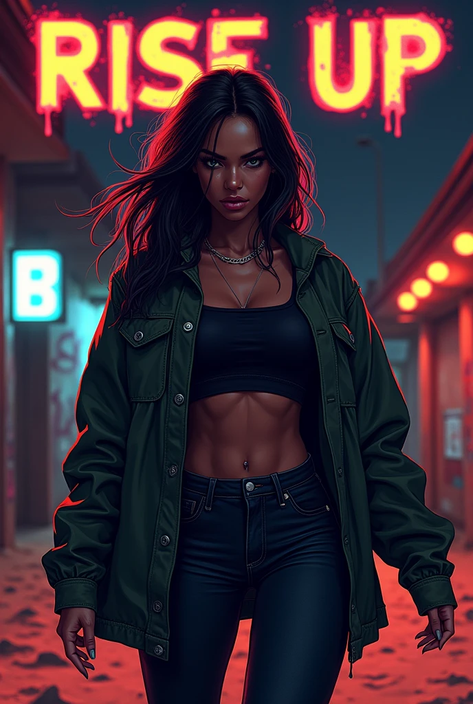Cover for a song titled 'JOHNNY' in the Trap Hip Hop Drill genre. The focus is on a strong, fierce woman. She remains confident, wearing urban clothing with dark, dark tones, in a sandy urban landscape. The background is a night scene with graffiti covered walls, bright neon signs, and shadows to create an intense, powerful atmosphere. The woman should have a determined expression, symbolizing resistance and power, ready to rise. The title 'Rise Up' is in bold, metallic lettering at the top, with an aggressive touch, urban font style.
