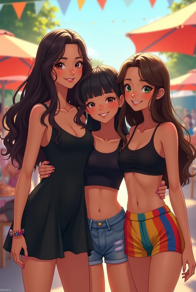 three friends one with long wavy dark brown hair, Bullish, slim, dark eye, Brunetette, happy expression, black dress an asian,dark eye, very low, short black hair, bangss, happy expression, cropped preto e short jeans,
a green eyed one, long brown straight hair, Bullish, black cropped top and colorful striped skirt, one with green eyes
