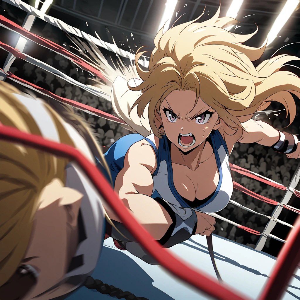 An anime-style illustration featuring a beautiful girl in a wrestling ring, executing a flying body press towards an opponent below. She has a fierce and determined expression on her face, showcasing her strength and focus. The scene is dynamic, capturing the intensity and action of the moment in a classic wrestling setting.