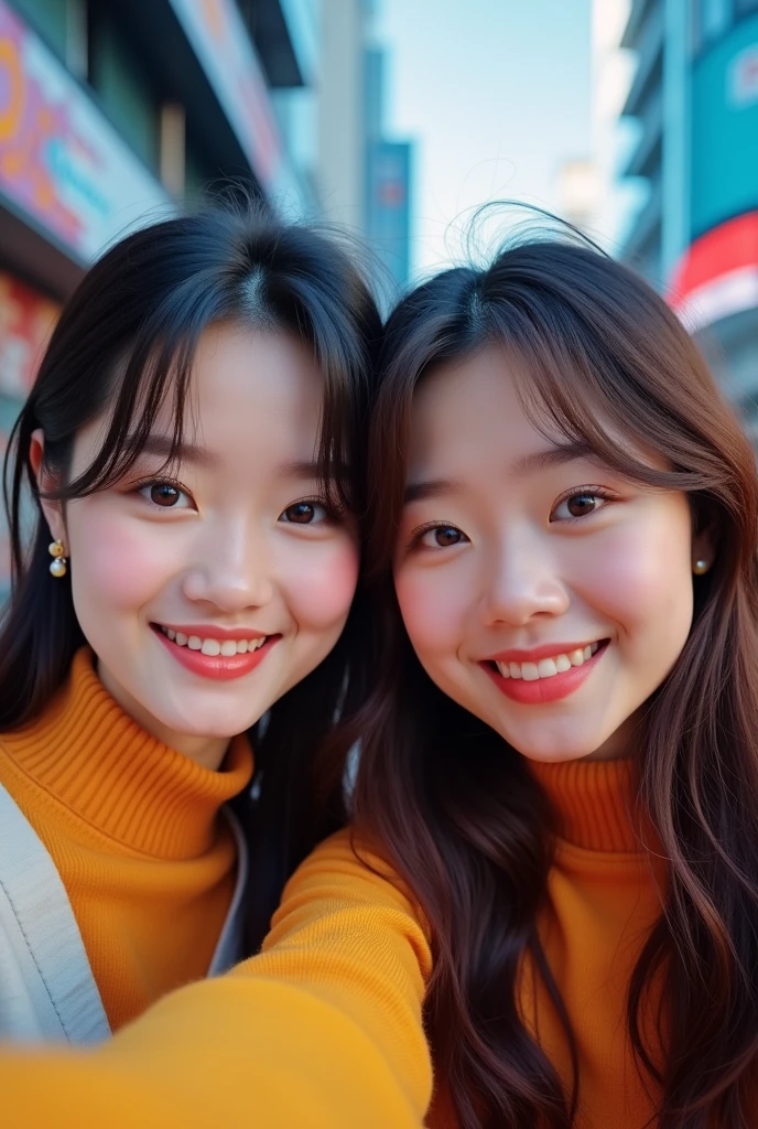 Two people in a selfie with the face of Taehyung from BTS and Karina from AESPA