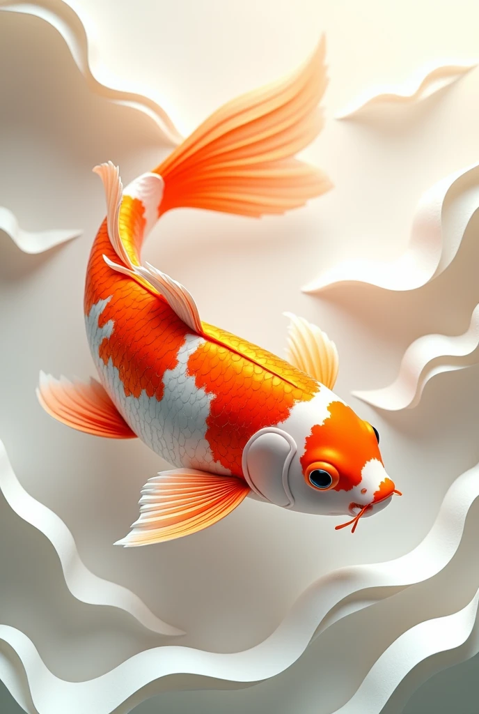 Create a highly detailed and visually striking image of a koi fish. The koi should have a vibrant orange and white color scheme. The background should be composed of wave-like patterns in soft, neutral tones that mimic the flow of water, giving the impression that the koi is swimming gracefully. The overall style should resemble paper art, that makes the fish appear as though it's part of the background, yet subtly standing out due to the depth and shading.