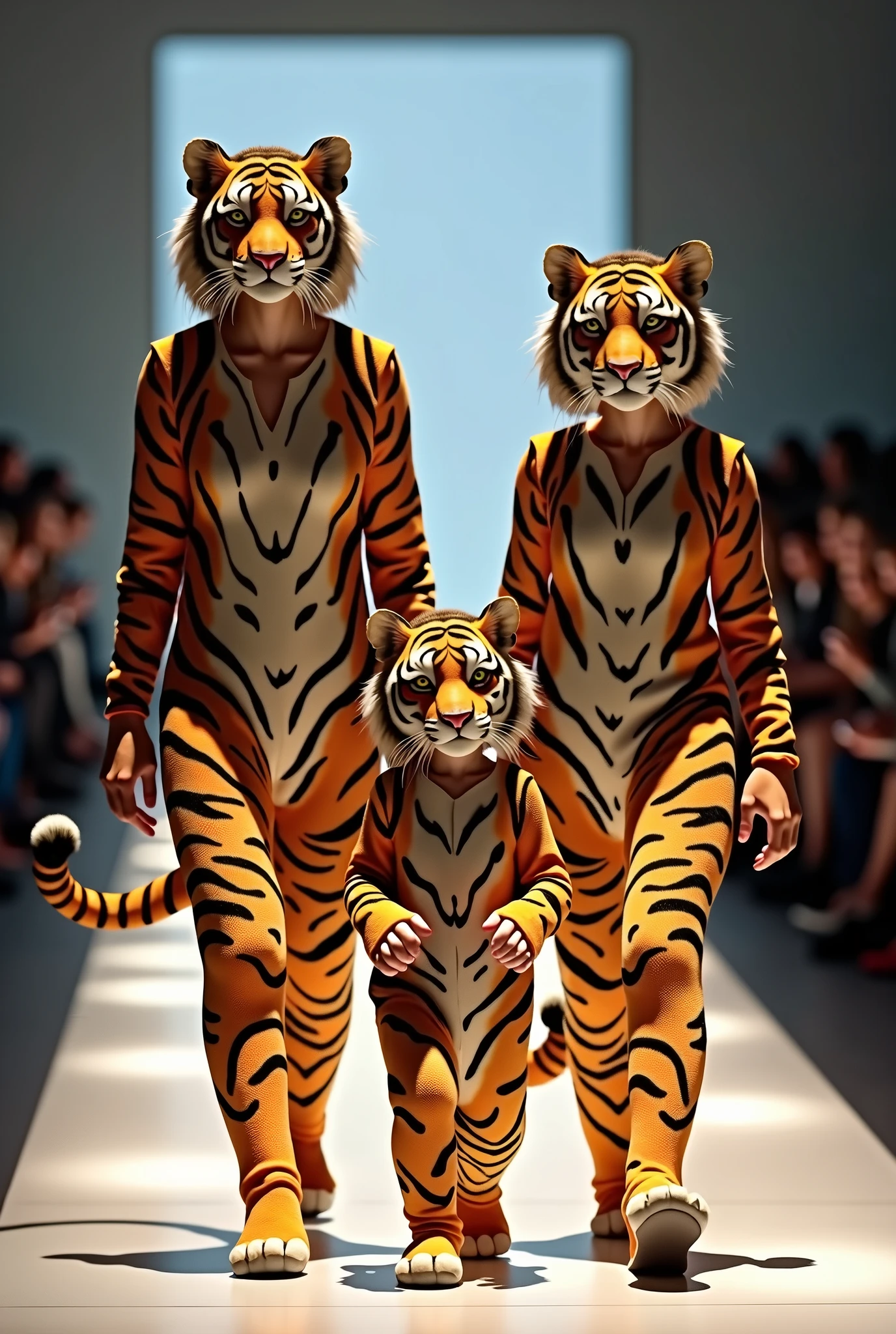 Excessive detail mother, daughter and boy dressed as tigers walking in a fashion show just like in real life