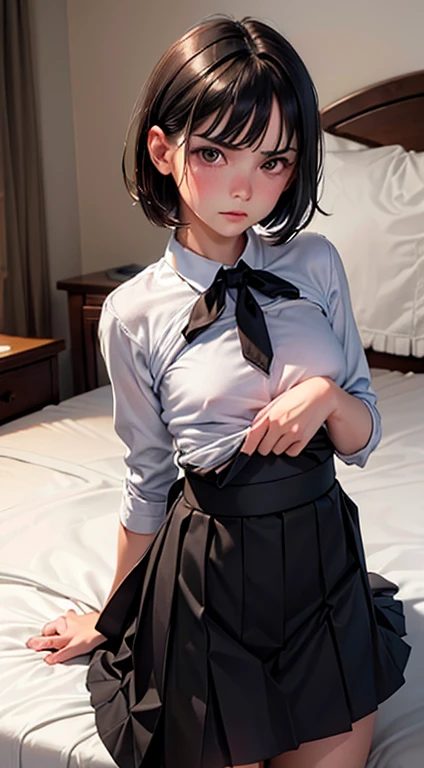 ((Facial))、One Woman, alone, alone Focus, Cowboy Shot, Portraiture,, Beaver,((Black Hair)), Short Bob, Very beautiful eyes, work, White knit, (Small TI quality, Very detailed,Bedroom、Lying in bed、1 female,Brown Hair, ,((Furious look)),(((Skirt Lift)))、stylish,,(I'looking forward to it)(((blush、Surprised expression)),(((short hair))),(((Skirt Lift)))