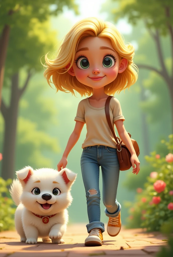 Blonde woman with short hair and small white dog
