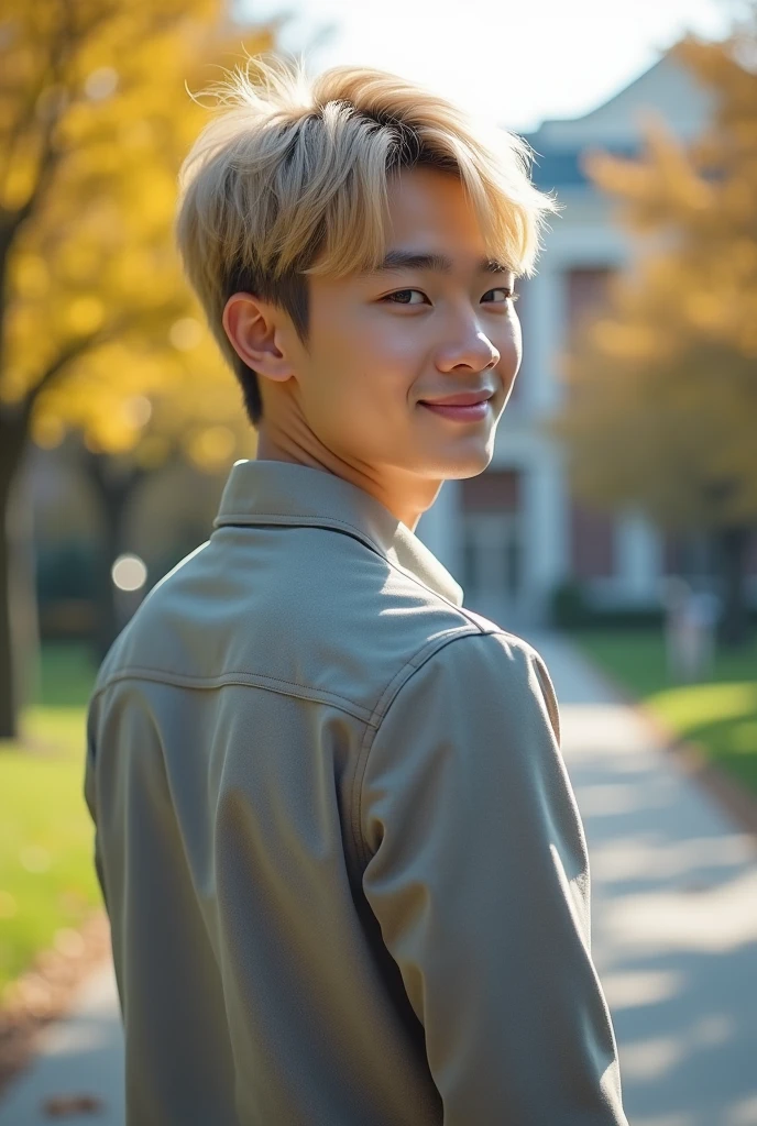 Photorealistic, 8k whole bodyポートレート, Handsome, mens, Gentle expression,smile,Blonde,Fine skin,20-year-old Japanese,University campus,Bangs that reach the eyes,The front hair is down,Short-haired man,Looking Back,whole body