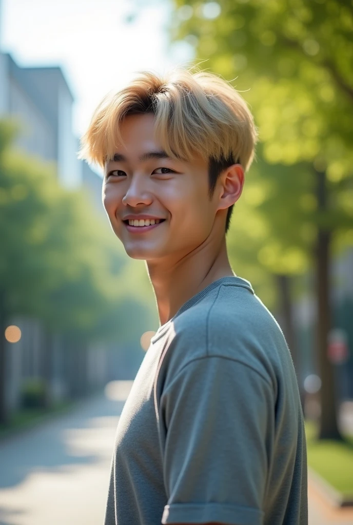 Photorealistic, 8k whole bodyポートレート, Handsome, mens, Gentle expression,smile,Blonde,Fine skin,20-year-old Japanese,University campus,Bangs that reach the eyes,The front hair is down,Short-haired man,Looking Back,whole body