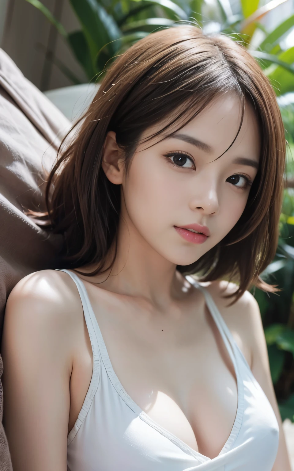 cute 2 japanese、on the bed、white t-shirt、light blue underwear、date、date、super detail face、eye for details、double eyelid、beautiful thin nose、sharp focus:1.2、Beautiful woman:1.4、(light brown hair,short haired、),pure white skin、highest quality、masterpiece、超A high resolution、(Photoreal:1.4)、、