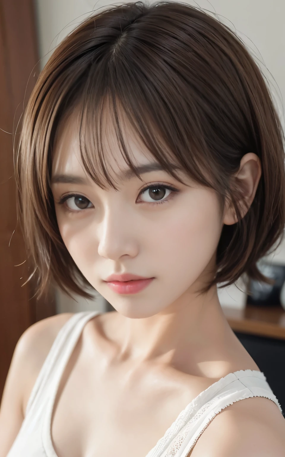 cute 2 japanese、on the bed、white t-shirt、light blue underwear、date、date、super detail face、eye for details、double eyelid、beautiful thin nose、sharp focus:1.2、Beautiful woman:1.4、(light brown hair,short haired、),pure white skin、highest quality、masterpiece、超A high resolution、(Photoreal:1.4)、、