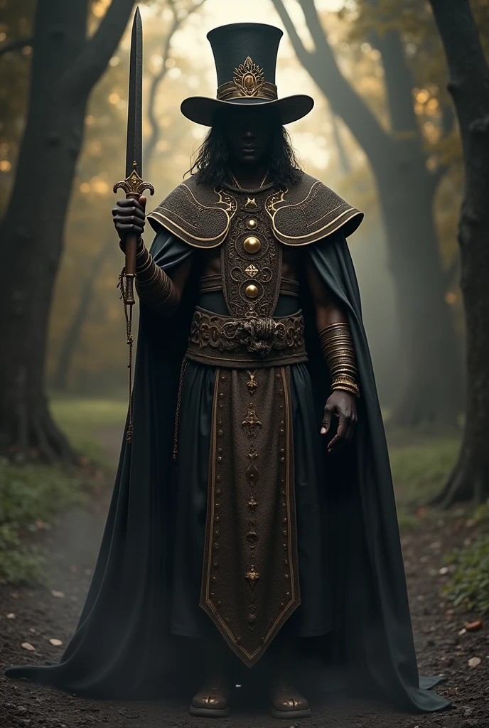 Exú Tranca-Rua stepping on negative energy and bringing light to dark places, wearing a cape and top hat, with a knife in hand.