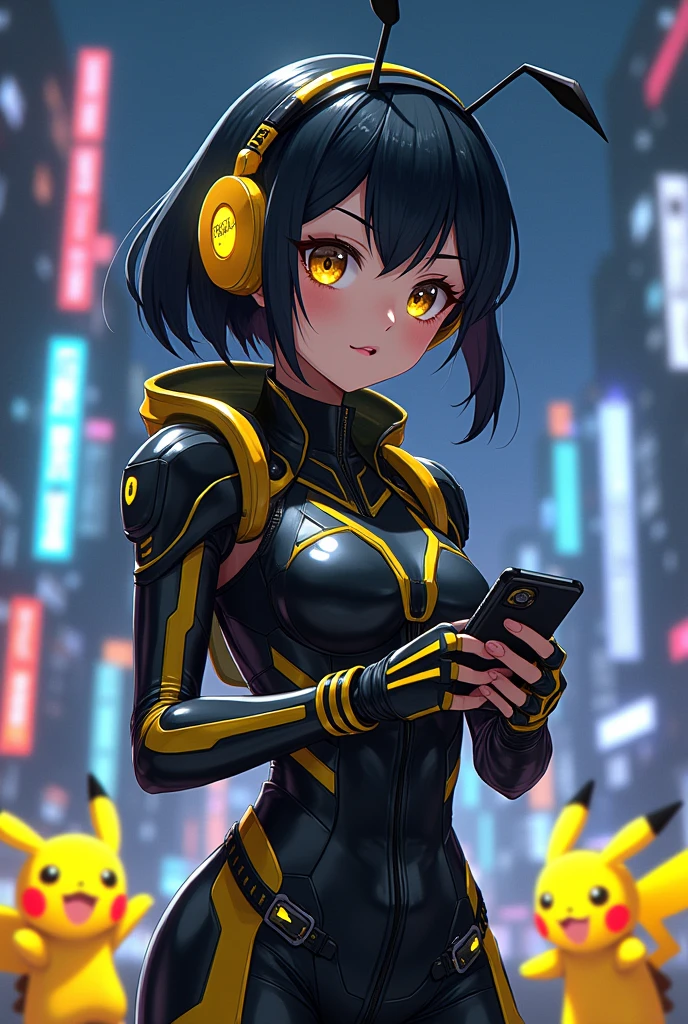 anime girl with a bee costume and headphones holding a cell phone, Best Anime 4K Konachan Wallpaper, anime manga robot!! anime girl, android heroine, official work, 4K anime style, from the video game azur lane, pikachu cyberpunk, anime girl of the future, perfect android girl, night, yellow and black, Pikachu as a human