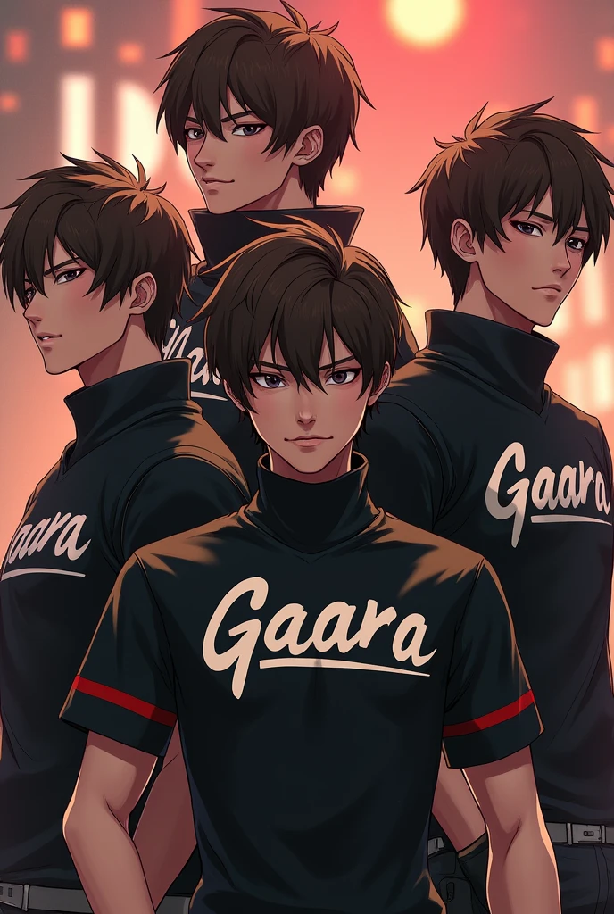 Free Fire style male characters, with short brown hair, eyes black, turtleneck shirt with the name GAARA written on it
