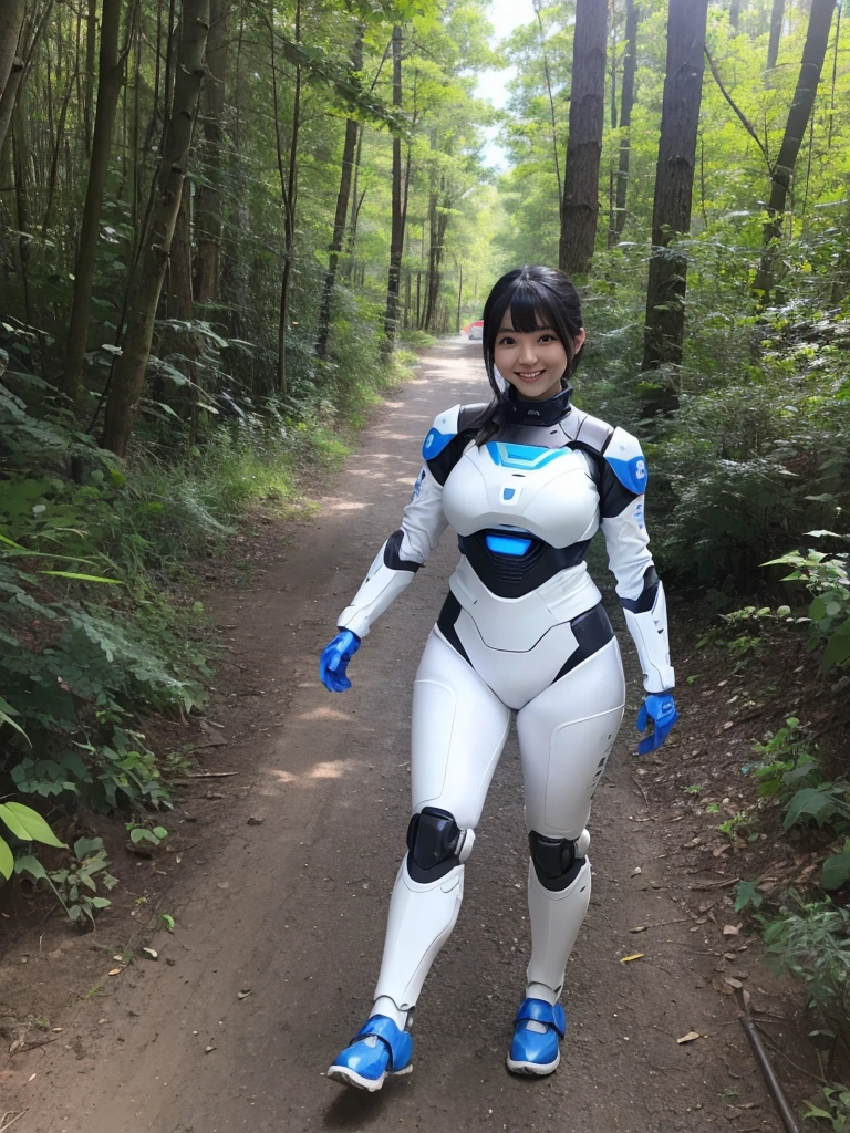 Japanese female android,Black Hair,White and blue robot suit,Plump,Walking on the dirt in the forest,smile,