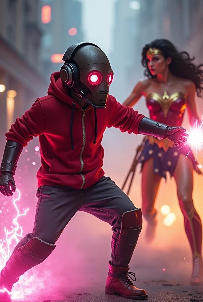 Young Kid with red hoodie, headphones, star-lord helmet, gas helmet, covered mouth, round red eyes, Red eyes, rocket boots, Vs, wonder woman, big breasts, Fighting, power, fiction, full body, fire in boots, poweful spells, realistic, 2 person, flying, pink flames.