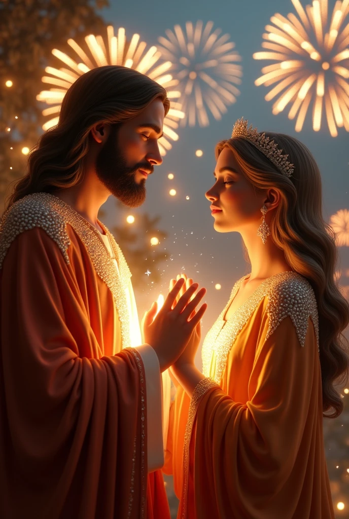 (photorealism:1.2), a handsome Jesus Christ and a beautiful virgin Mary, praying and celebrating Christmas, wearing the elegant color orange clothes sorrounded of many diamonds, the light in their heads and hearts sparkling all over, beautiful clothes, very nice hair, outdoors, soft light in the evening, fireworks and Christmas decorations in the background, evening with Christmas light, cozy Christmas, relaxed pose, realistic, intricate details, warm colors,