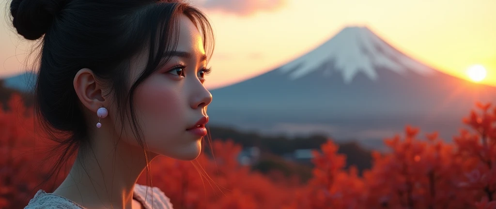 a beautiful woman gazing at mt.fuji,1girl,beautiful detailed eyes,beautiful detailed lips,extremely detailed face,long eyelashes,photorealistic,hyperrealistic,4k,8k,masterpiece,(best quality,ultra-detailed,professional,vivid colors,bokeh),realistic portrait,dramatic lighting,golden hour,warm color palette,cinematic composition
