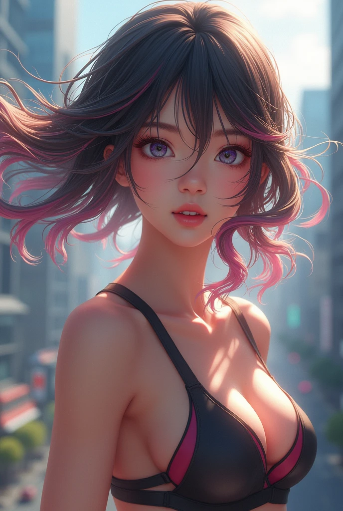 ((masterpiece)), ((Highest quality)), (Beautiful Japanese girl portrait), Eye for perfect detail, Face in perfect detail, Very elaborate nose, Open your mouth, Perfect muscle, Perfect Teeth, A well-defined body, Tight clothing that shows the lines of the body, Charm, Perfect Face, Dimples on cheeks, Depth of written boundary, High resolution, ((Realistic skin texture)), (Well-proportioned hands), Thin lips, Random color hair, Floating multicolored hair, Narrow waist, Big City Background
