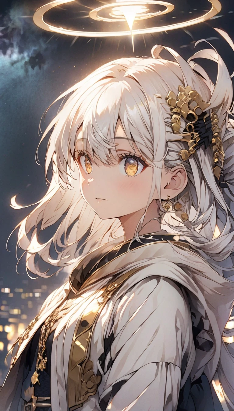 Anime, anime girl, night, stars, hair, long hair, golden eyes, hair accessory, white hair floating in the air, girl with white hair, black background with ray of light, loose white hair