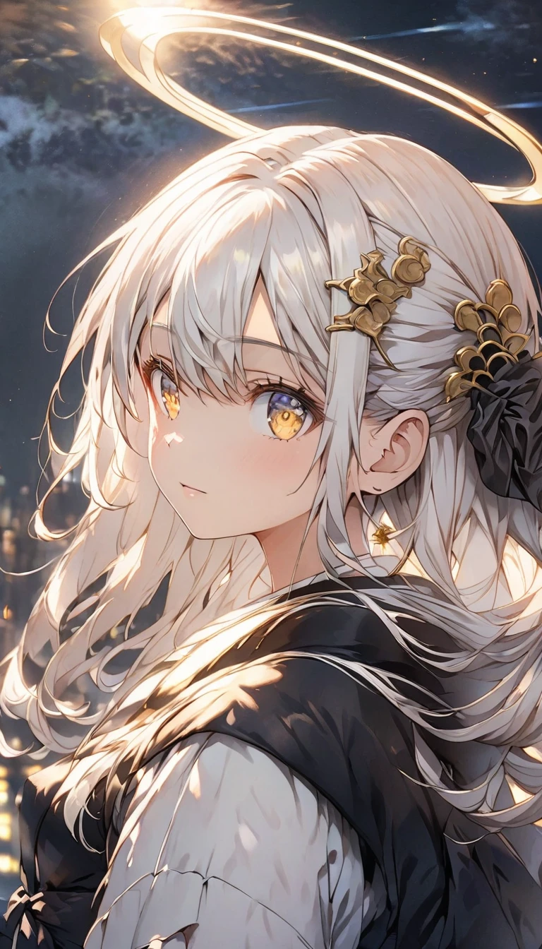 Anime, anime girl, night, stars, hair, long hair, golden eyes, hair accessory, white hair floating in the air, girl with white hair, black background with ray of light, loose white hair