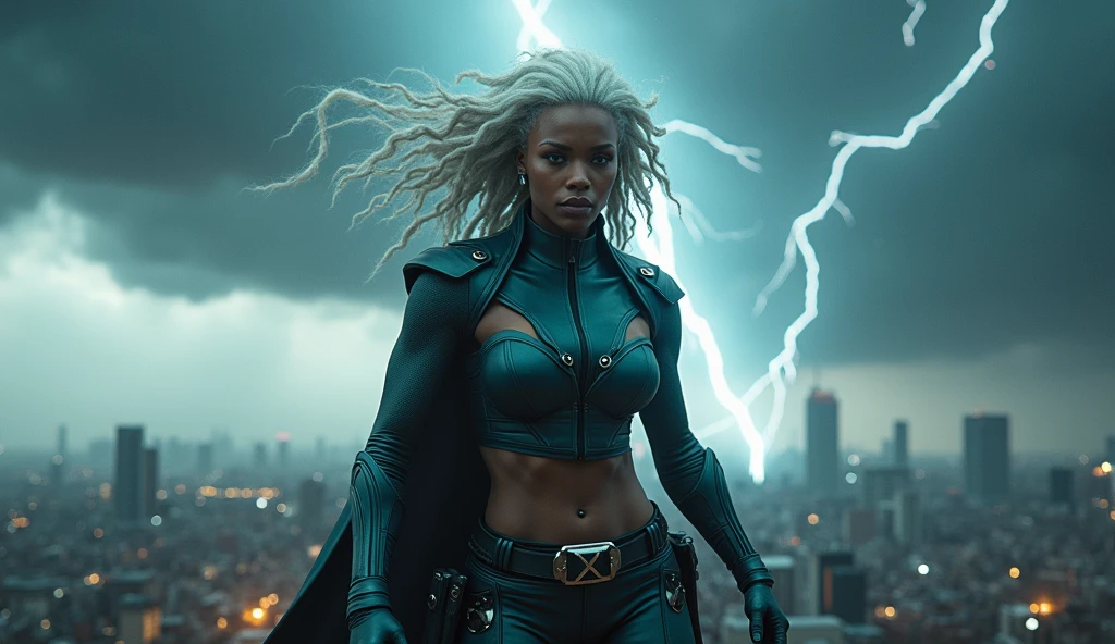 a realistic photo, hdr definition, hyper detailed, 12k, x-men storm, she concentrates, menacing look, she is wearing her combat outfit (breast: 1.2), the details of her outfit are hyper detailed, the sky is unleashed , clouds and lightning strike the city, marvel style background, the details of this scene make this photo a masterpiece