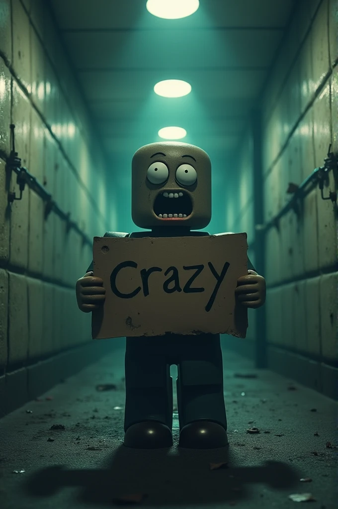 a Roblox NOOB character with a wild and crazy expression in an asylum. The room has padded walls, and the NOOB is holding a sign that says "Crazy" in large, irregular letters. The atmosphere would be scary, with flashing lights adding to the chaotic vibe