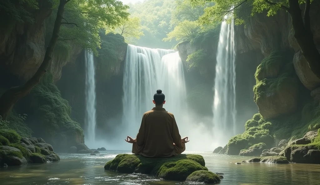 An Asian man meditating in the lotus position, dressed in a traditional brown robe, is sitting in the center of an ancient stone temple. ao redor, crystal clear waterfalls cascade down mossy rocks, surrounding the temple and creating a soft mist. Sunlight penetrates through tall trees, delicately illuminating the scene.