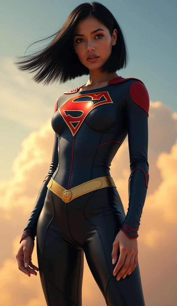 colombian girl, black hair, bob haircut, black eyes, supergirl in tight bodysuit, supergirl costume, sky background, full body, ultra realistic professional photo, look at viewer, RAW photo